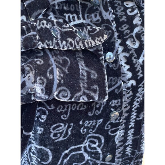 Vintage 90s Black Velvet Burnout Script Print Top Silk Blend Semi Sheer Boho L - Picture 12 of 16